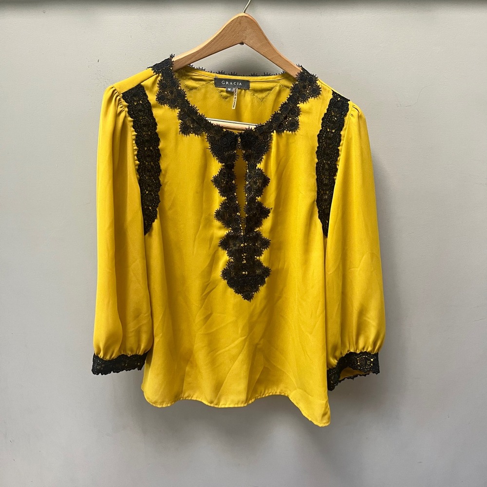 GRACIA Yellow Black Lace Trimmed Long‎ Sleeve Blouse Women's Size M